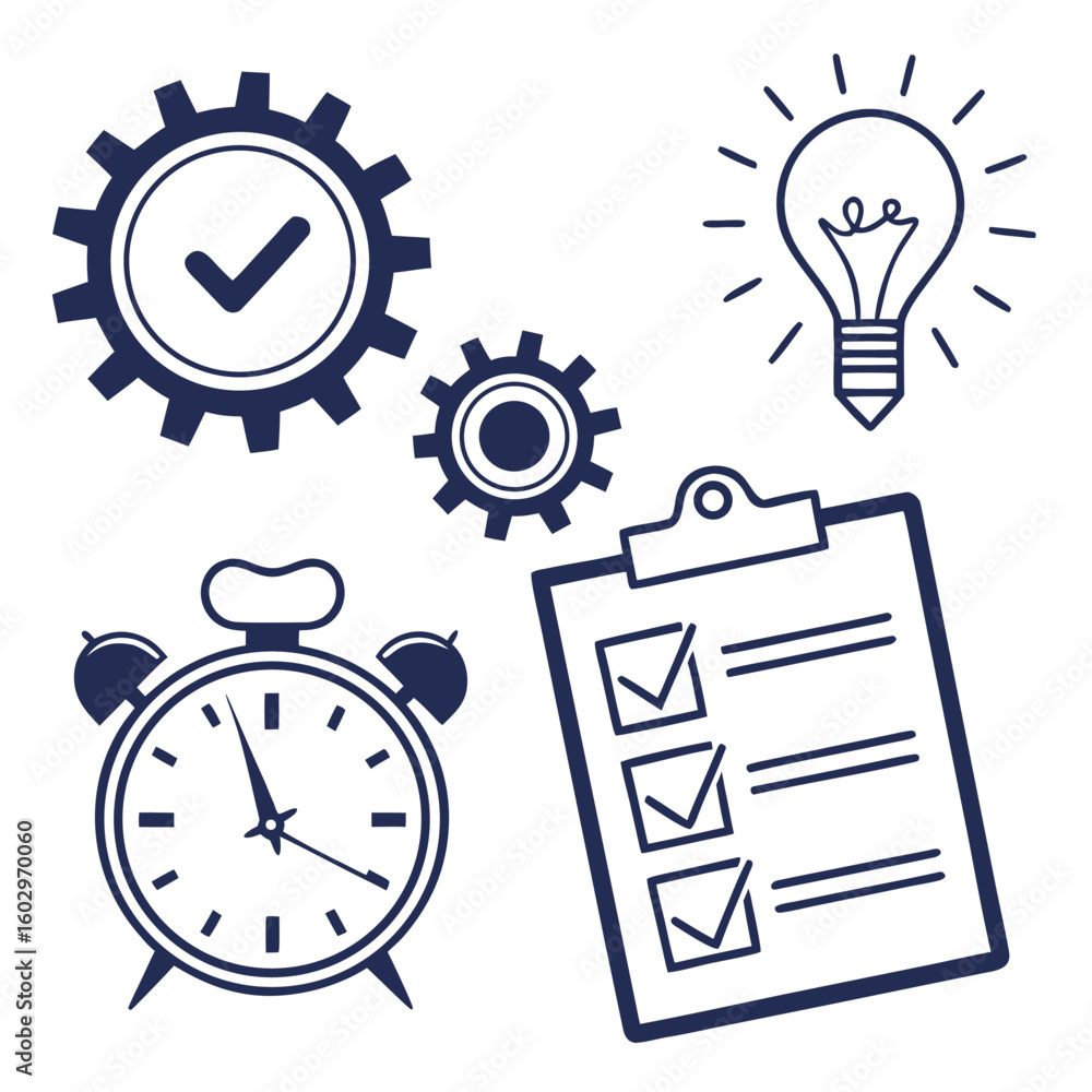 Poster business strategy and planning with time management idea generation and task completion represented 