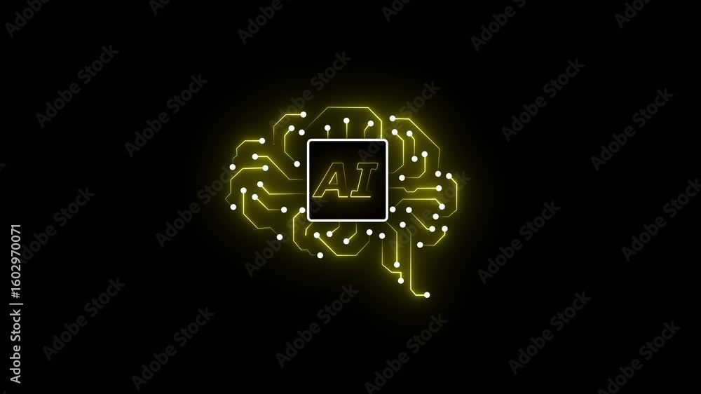 Poster abstract glowing yellow circuit board in the shape of a human brain with the letters ai inside a cen