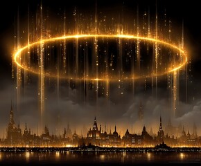 the image depicts a majestic city illuminated in shades of gold, set against a dark and cloudy sky