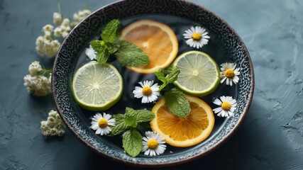 Citrus slices and fresh mint leaves float in decorative bowl with chamomile flower and green leaf, creating calming natural arrangement on textured surface with water and fresh green elements - Powered by Adobe
