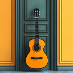 Obraz premium Classical guitar leaning against a teal door between two mustard yellow walls.