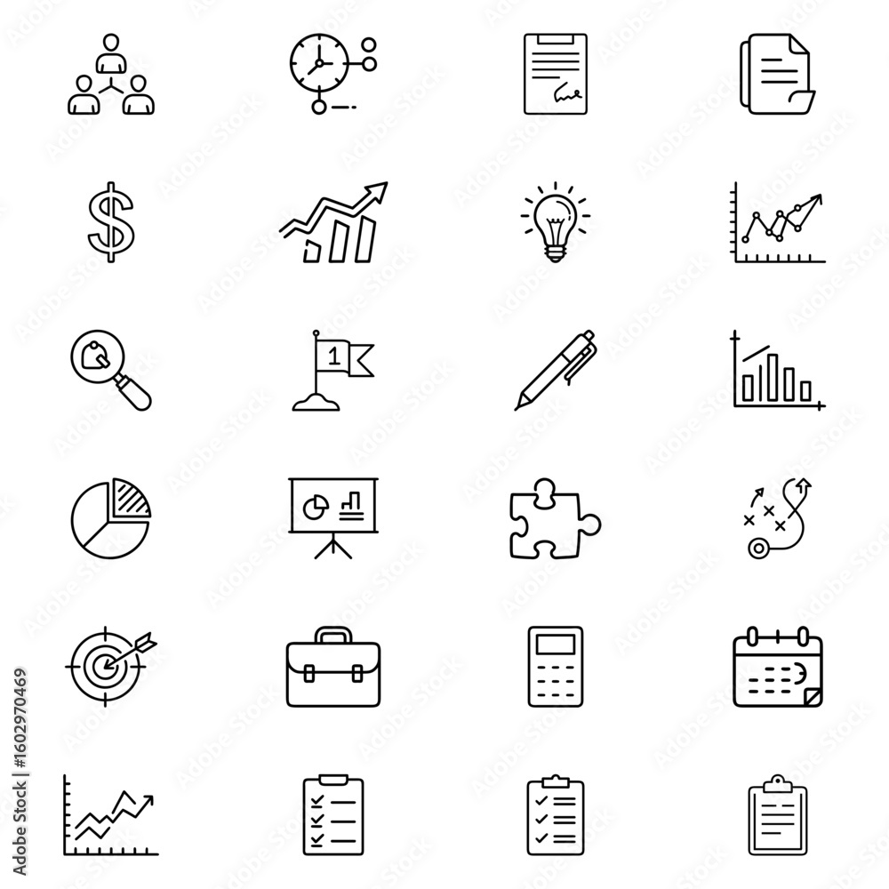 Poster a collection of business and planning icons including charts graphs documents and organizational str