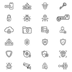 Collection of security and protection icons including firewalls, shields, locks, and surveillance elements