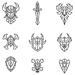 Obraz premium Set of line art vector illustrations of fantasy helmets swords shields and weaponry