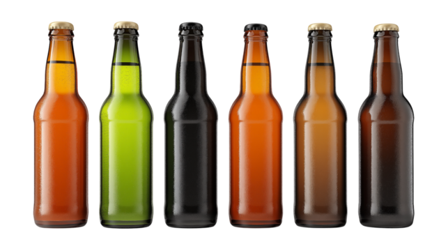 Assorted Beer Bottles Against Transparent Background