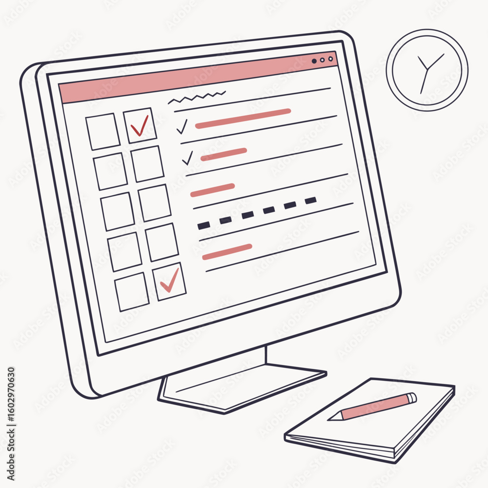 Poster digital checklist on computer screen with checkboxes and checkmarks next to a notepad and pencil sym