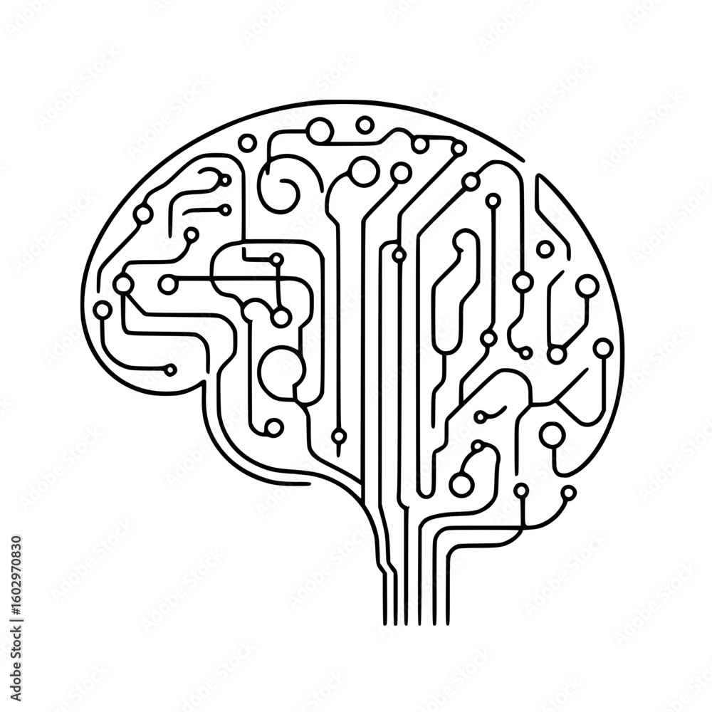 Poster illustration of brain in profile with circuit lines in vector style with single line outline