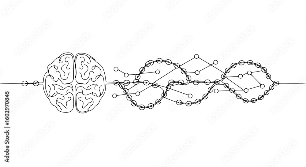 Poster brain illustration with interconnected lines in single line outline vector