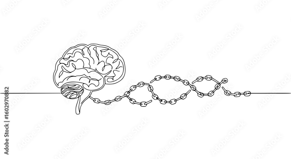 Poster brain and dna represented in a single line outline vector design