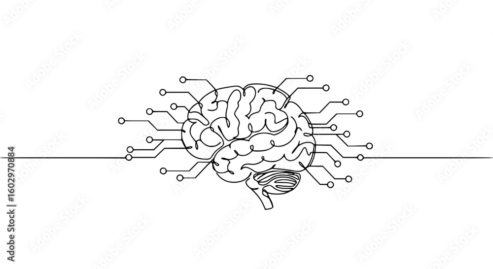 Poster brain with circuit connections in outline vector style