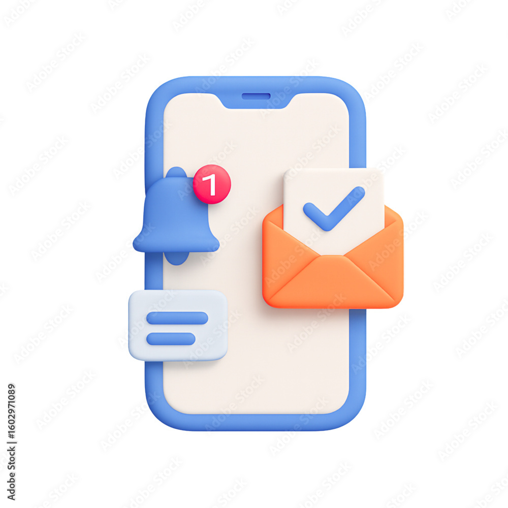 Poster 3d mobile phone with notification icons and email isolated on transparent background