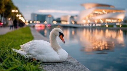 Obraz premium Serene Swan by the City Lights