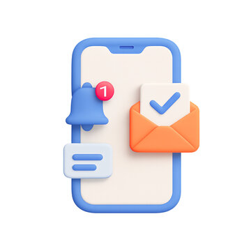 3d mobile phone with notification icons and email isolated on transparent background