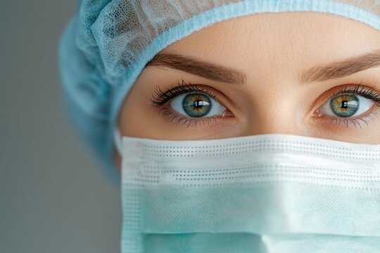 Female doctor wearing protective mask and surgical cap is ready for operation