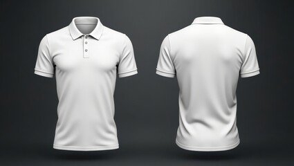 Front and back view of a blank white polo shirt.