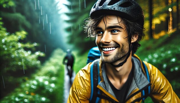A young adventurous man with bright eyes and a warm smile, cycling through a lush forest on a misty evening - Powered by Adobe