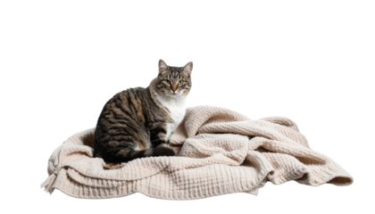 Senior cat lounging with soft blanket – peaceful domestic scene isolated on white background