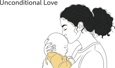 A heartwarming illustration captures a mother's tender moment, gently kissing her sleeping baby's forehead, showcasing unconditional love and the beautiful bond between parent and child.
