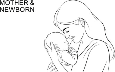 A heartwarming line art illustration features a mother tenderly holding her newborn baby, showcasing the beautiful bond and love between them in a minimalist style.