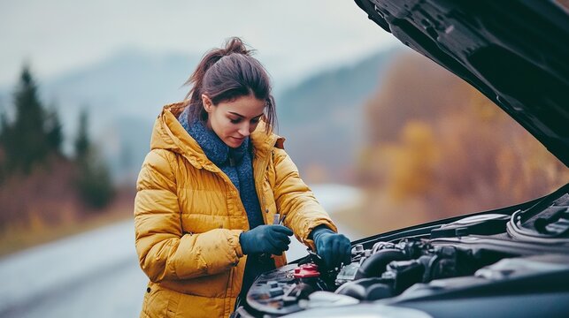 A woman in a yellow jacket inspects the engine of her car on a roadside with autumn trees and mountains in the background.
