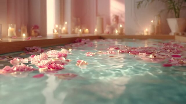 Relaxing spa pool with floating pink rose petals and soft candlelight creating calm and soothing atmosphere for wellness and self care moments with peaceful water and gentle natural light