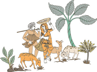 ancient village farmer and animal pattern vector. Vintage garden tree on white background. agriculture  working farmer. 