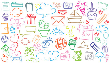 hand drawn landscape white background colorful doodle vector set, love, Natural , star, cloud, weather, rainbow, flower, bubble, heart and creative design vector collection.