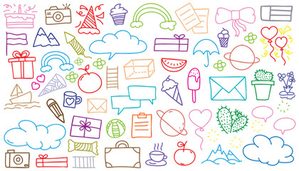 hand drawn landscape white background colorful doodle vector set, love, Natural , star, cloud, weather, rainbow, flower, bubble, heart and creative design vector collection.
