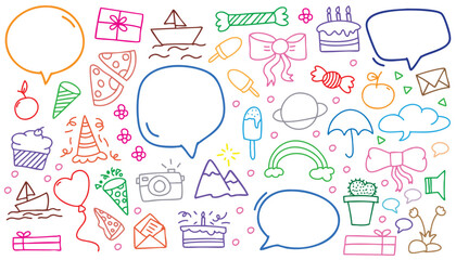 hand drawn landscape white background colorful doodle vector set, love, Natural , star, cloud, weather, rainbow, flower, bubble, heart and creative design vector collection.