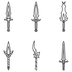 Set of six detailed black and white swords vectors perfect for fantasy designs