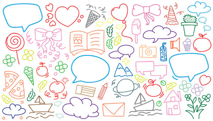 hand drawn landscape white background colorful doodle vector set, love, Natural , star, cloud, weather, rainbow, flower, bubble, heart and creative design vector collection.