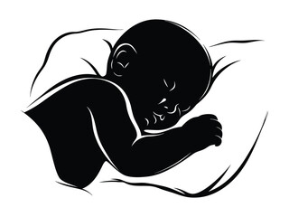 Silhouette of Sleeping Baby in Fetal Position with Curled Arms and Head on Pillow