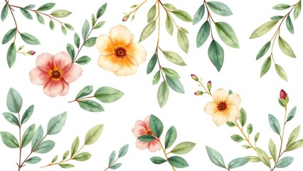 Watercolor floral illustration set - flower and green gold leaf branches bouquets collection, for wedding stationary, greetings, wallpapers, fashion, background. Eucalyptus, olive, green leaves