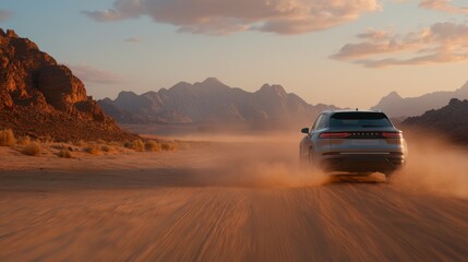 Suv driving through desert landscape at sunset near rocky hills and mountain range