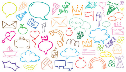 hand drawn landscape white background colorful doodle vector set, love, Natural , star, cloud, weather, rainbow, flower, bubble, heart and creative design vector collection.