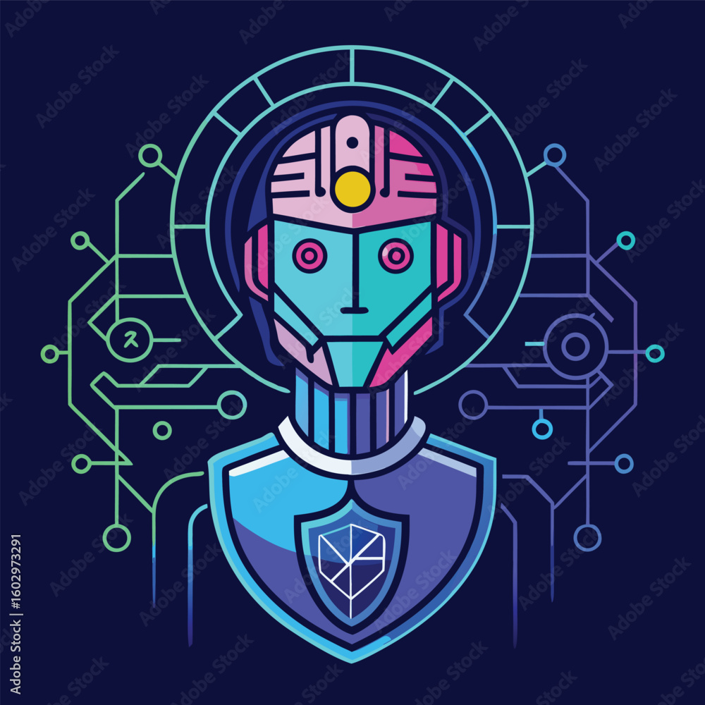 Poster futuristic vector illustration of ai robot head with digital brain and security shield.eps