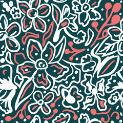 floral seamless pattern with white and coral red outline flowers on teal background for fabric, decor, and wrapping use.