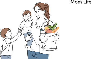 Illustration depicts a mother holding her child and a grocery bag filled with food, while another child reaches out, capturing a moment of family life and motherhood.