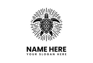 Stylized Sea Turtle with Star Pattern and Radiating Lines in Black.