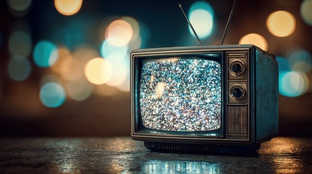 Retro television set with static display in a night setting.