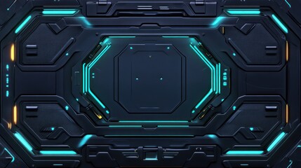 Futuristic dark navy blue panel with glowing turquoise accents and intricate details.