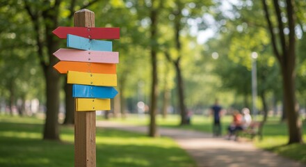 Public Park Wooden Pole with Blank Multicolor Directional Signs