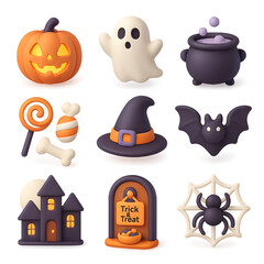 Charming 3D set plasticine Halloween concept collection featuring cute icons like a pumpkin, ghost, and witch's cauldron for festive designs.