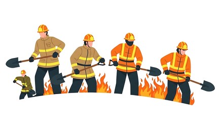 Naklejka premium Firefighters in Protective Uniform Extinguishing Fire with Shovels in Fire Scene