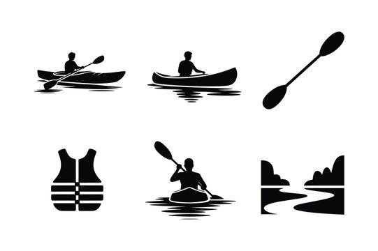 Kayaking activity icons and safety gear canoe paddle