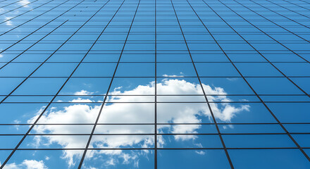Fototapeta premium Low angle view of a glass building facade reflecting a blue sky with white clouds.