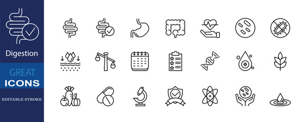 Editable stroke icon set of digestion, gut health, nutrients, and probiotics, ideal for medical, healthcare, and wellness projects.