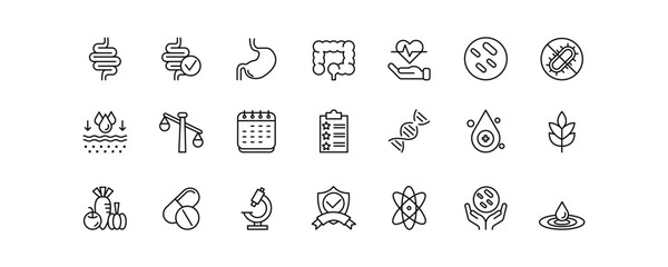 Editable stroke icon set of digestion, gut health, nutrients, and probiotics, ideal for medical, healthcare, and wellness projects.