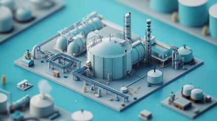 Exploded 3D view of an advanced wastewater treatment facility powered by renewable energy. Industrial sustainability and eco-infrastructure in technical detail.