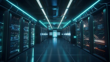 Fototapeta premium A high-tech data center filled with rows of servers and glowing lights. The scene highlights the backbone of modern cloud computing and digital infrastructure.